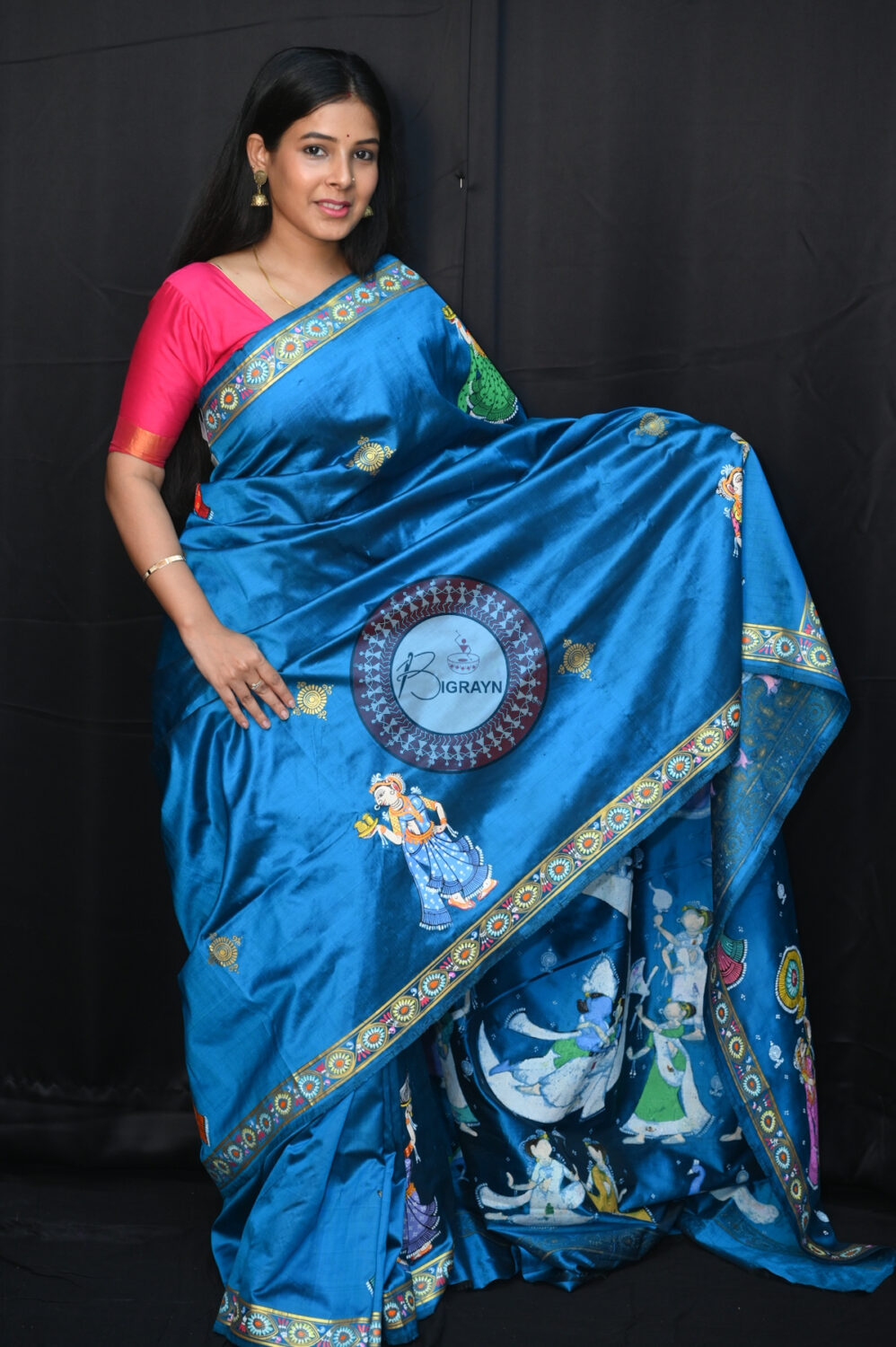 Teal Blue Chandra Raasa Sambalpuri Silk Pattachitra Saree