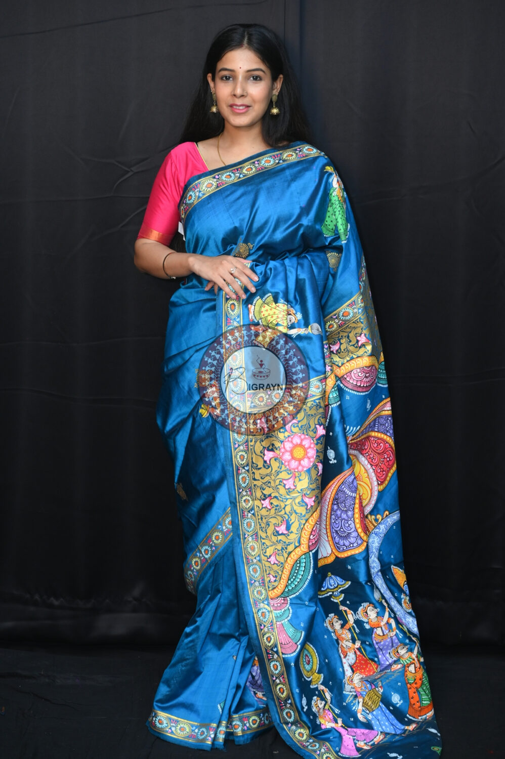 Teal Blue Chandra Raasa Pattachitra Silk Saree
