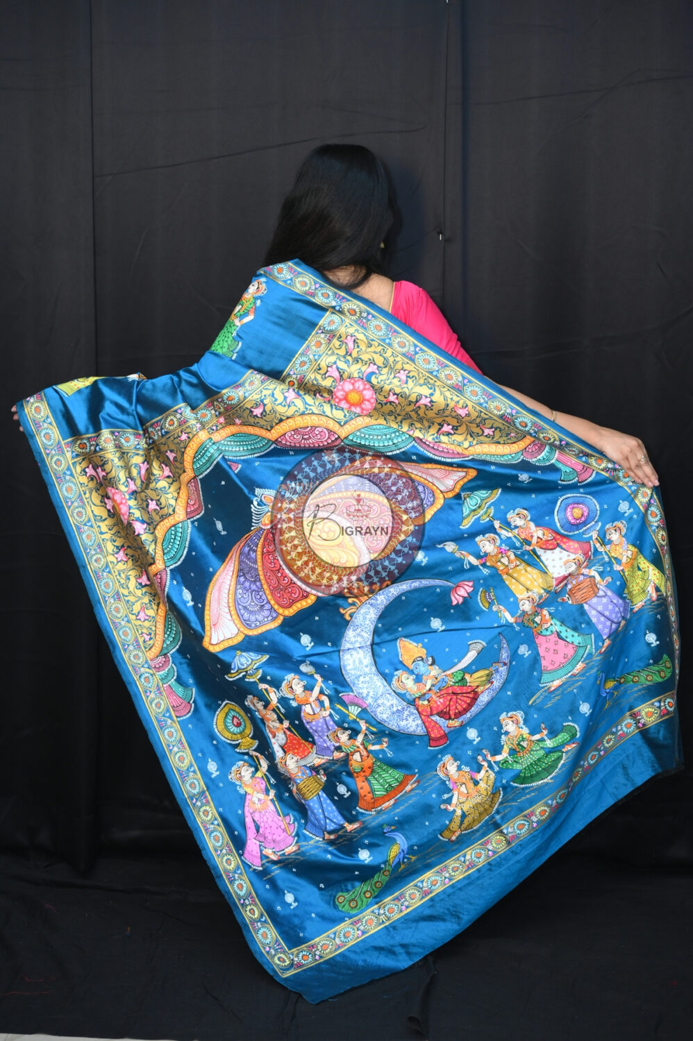 Teal Blue Chandra Raasa Sambalpuri Silk Pattachitra Saree
