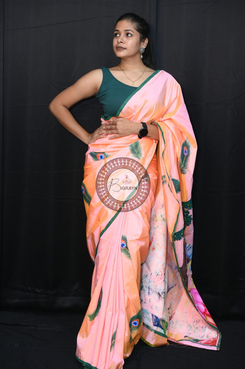 Dual Colour Radha Krishna Modern Art Pattachitra Silk Saree