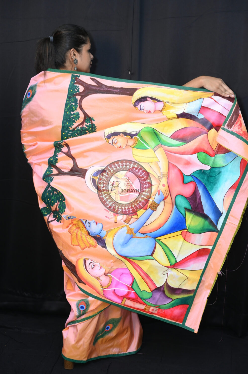 Peach Dual Colour Radha Krishna Modern Art Pattachitra Pure Silk Saree