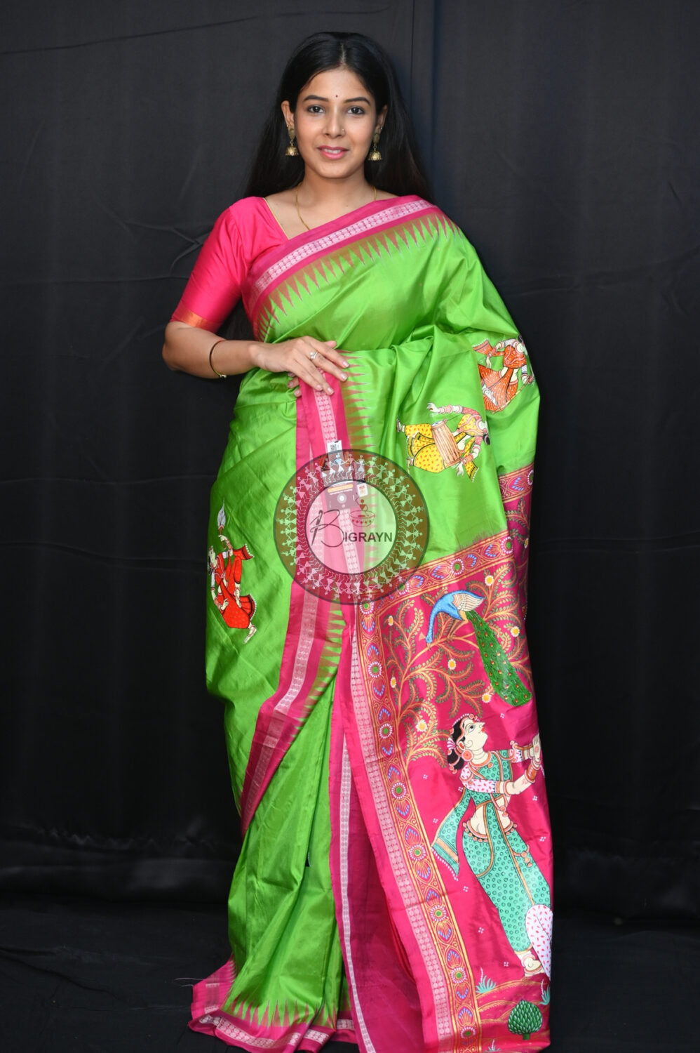 Neon Green Magenta Traditional Art Sambalpuri Silk Pattachitra Saree