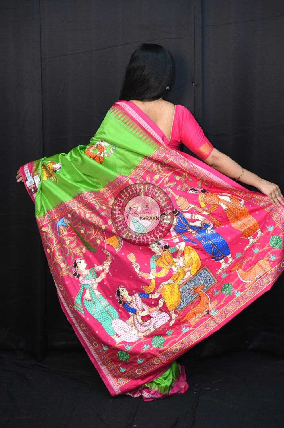 Neon Green Magenta Traditional Art Sambalpuri Silk Pattachitra Saree
