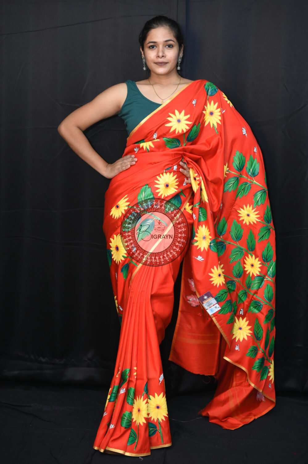Red Sunflower Art Pattachitra Khadi Silk Saree