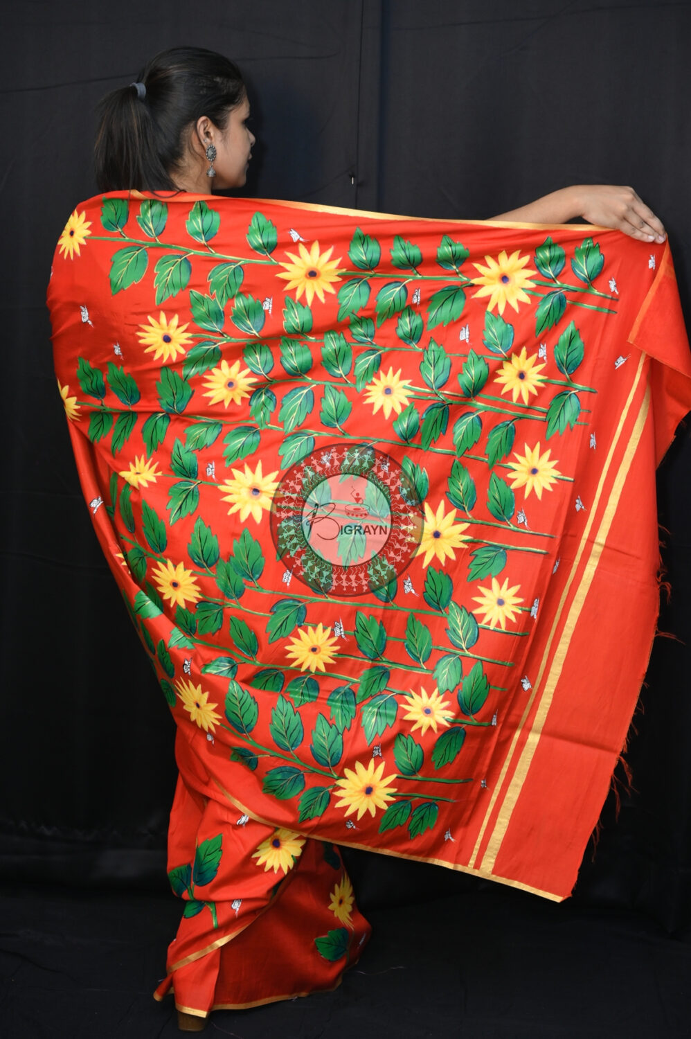 Red Sunflower Art Pattachitra Khadi Silk Saree