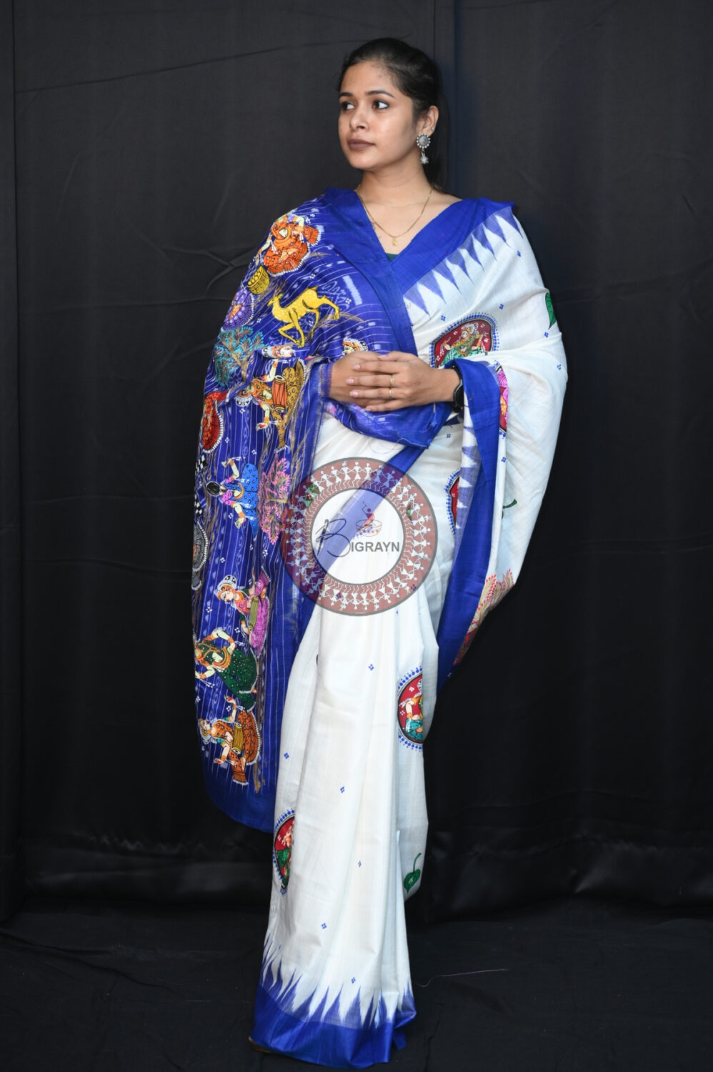 White Blue Raja Theme Pattachitra Tussar Silk Saree