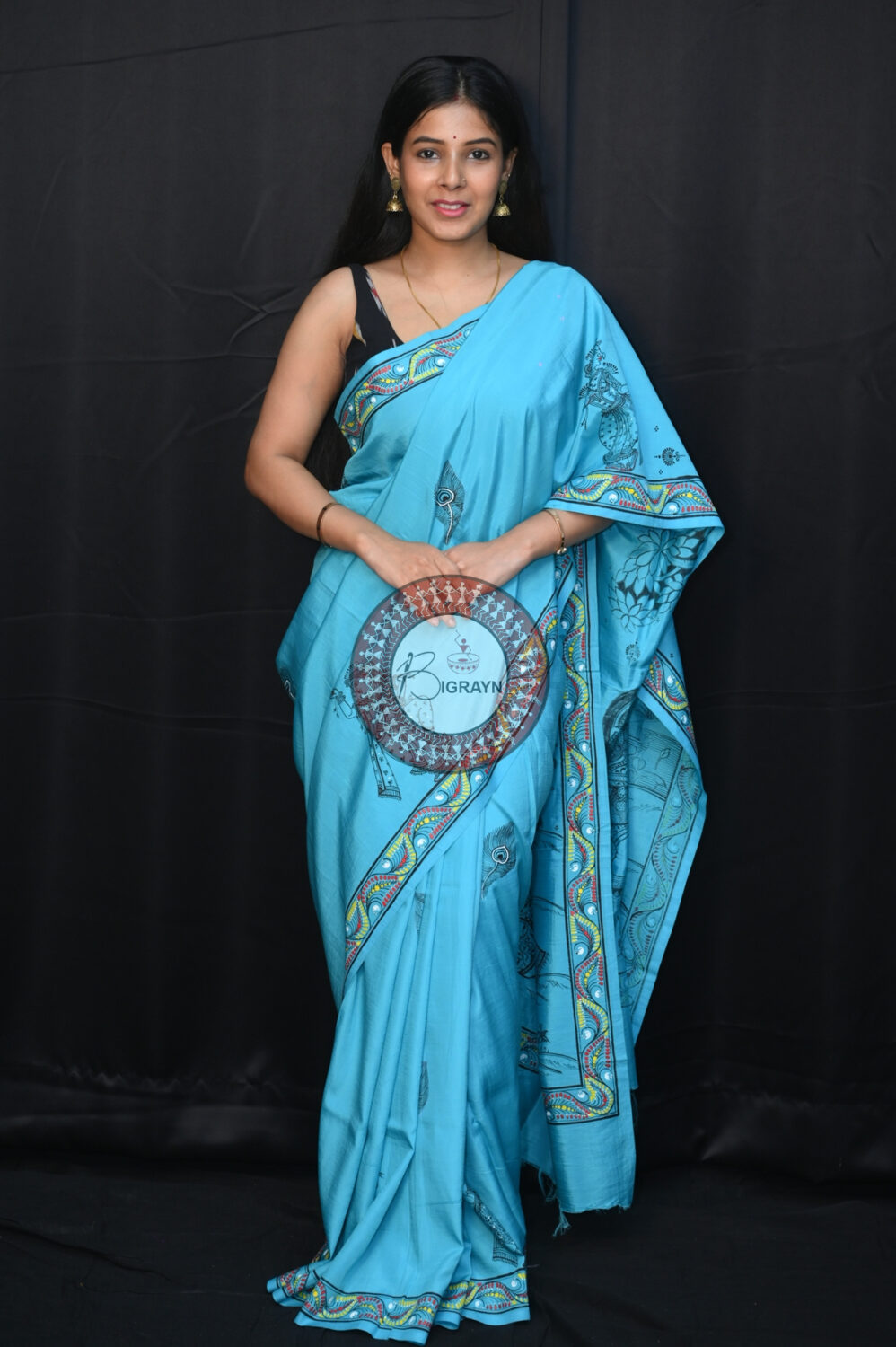 Blue Krishna Jasoda Tied By Rope Khadi Silk Pattachitra Saree