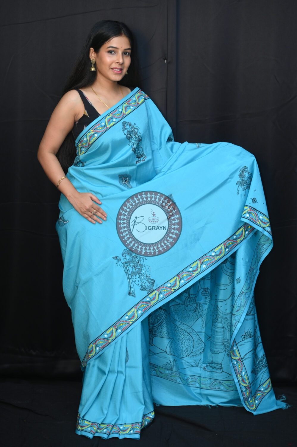 Blue Krishna Jasoda Tied By Rope Khadi Silk Pattachitra Saree