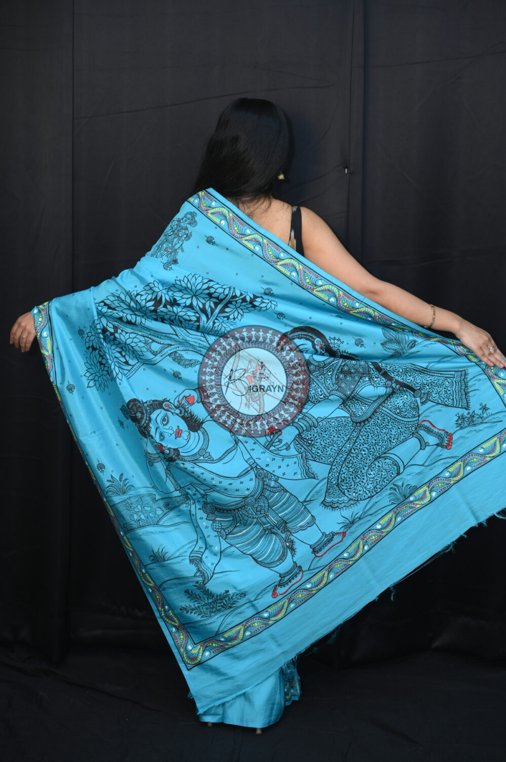 Blue Krishna Jasoda Tied By Rope Khadi Silk Pattachitra Saree