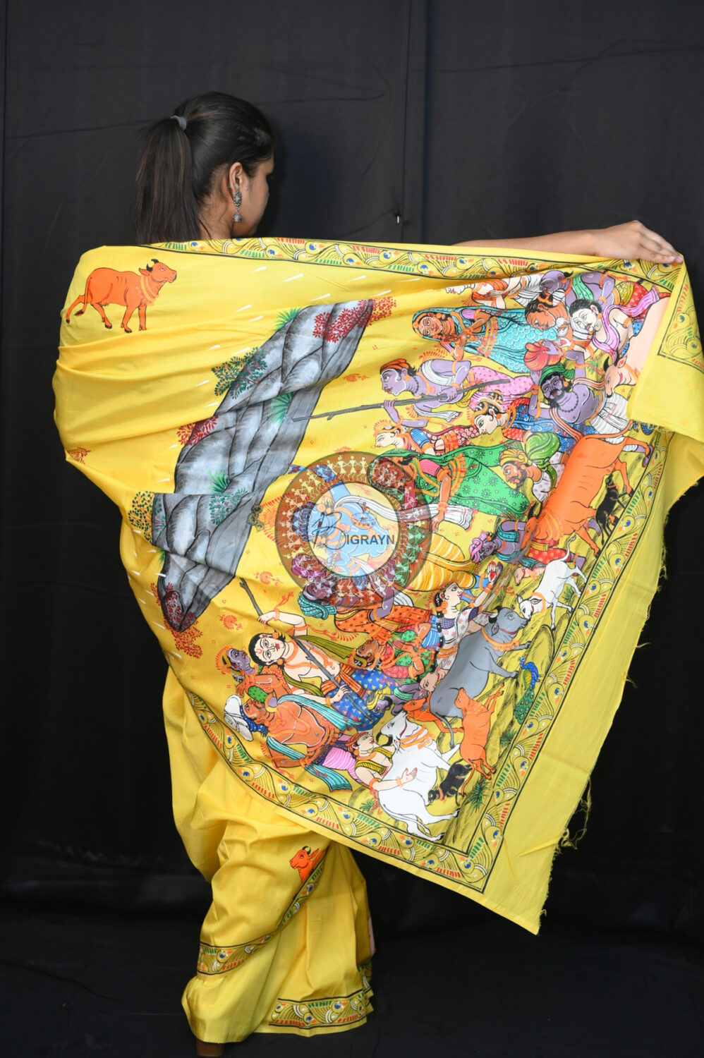 Yellow Khadi Silk Girigobardhan Pattachitra Saree