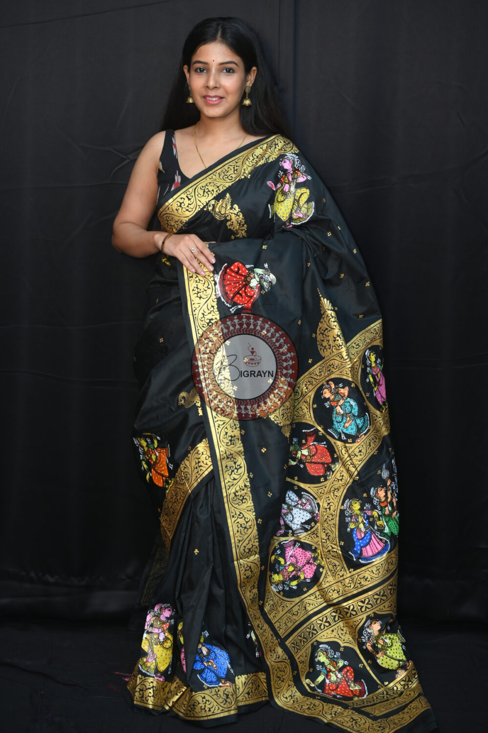 Black Radha Krishna Raasa Semi Circle Pattachitra Saree