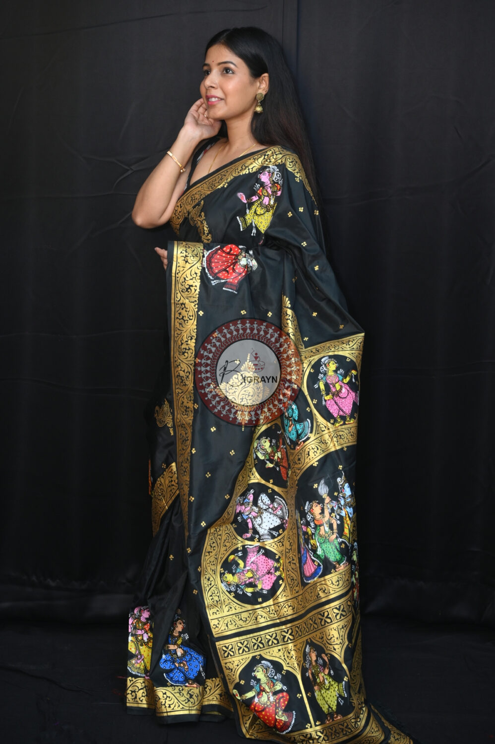 Black Radha Krishna Raasa Semi Circle Pattachitra Saree