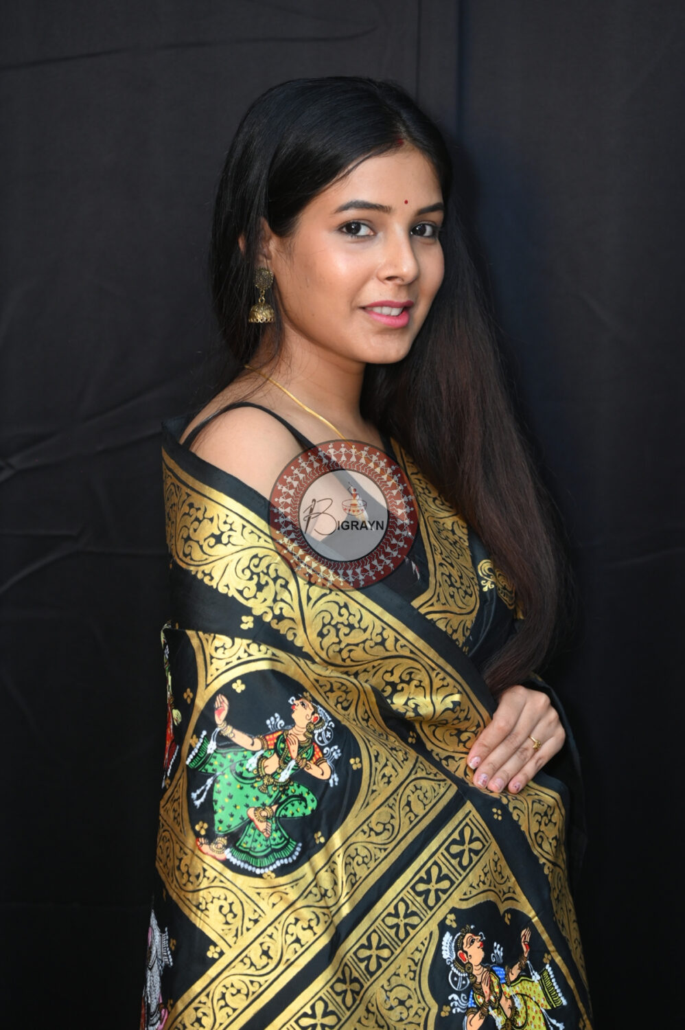Black Radha Krishna Raasa Semi Circle Pattachitra Saree