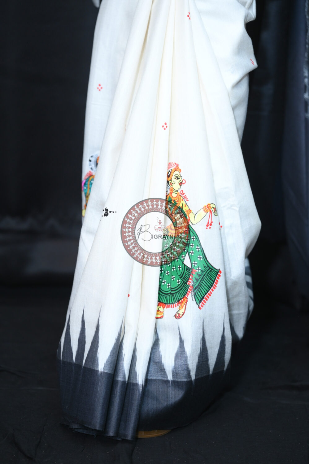White Black Bata Sabitri Pattachitra Tussar Silk Saree