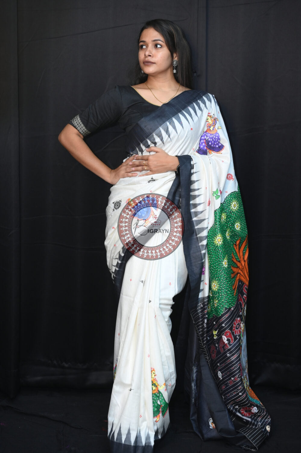 White Black Bata Sabitri Pattachitra Tussar Silk Saree
