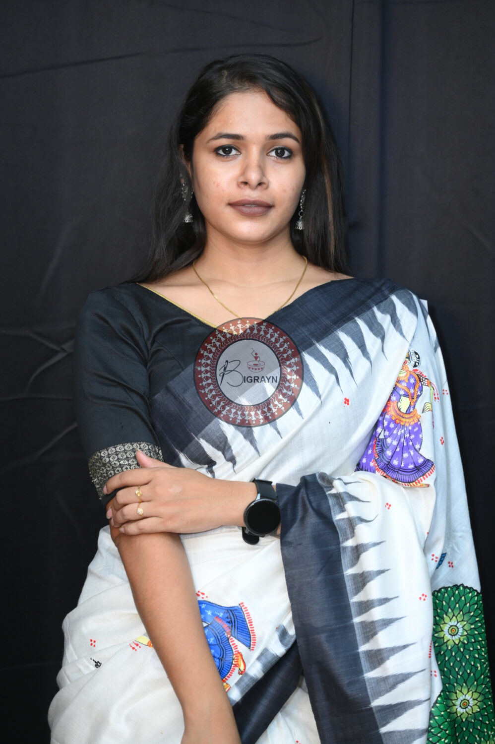 White Black Bata Sabitri Pattachitra Tussar Silk Saree