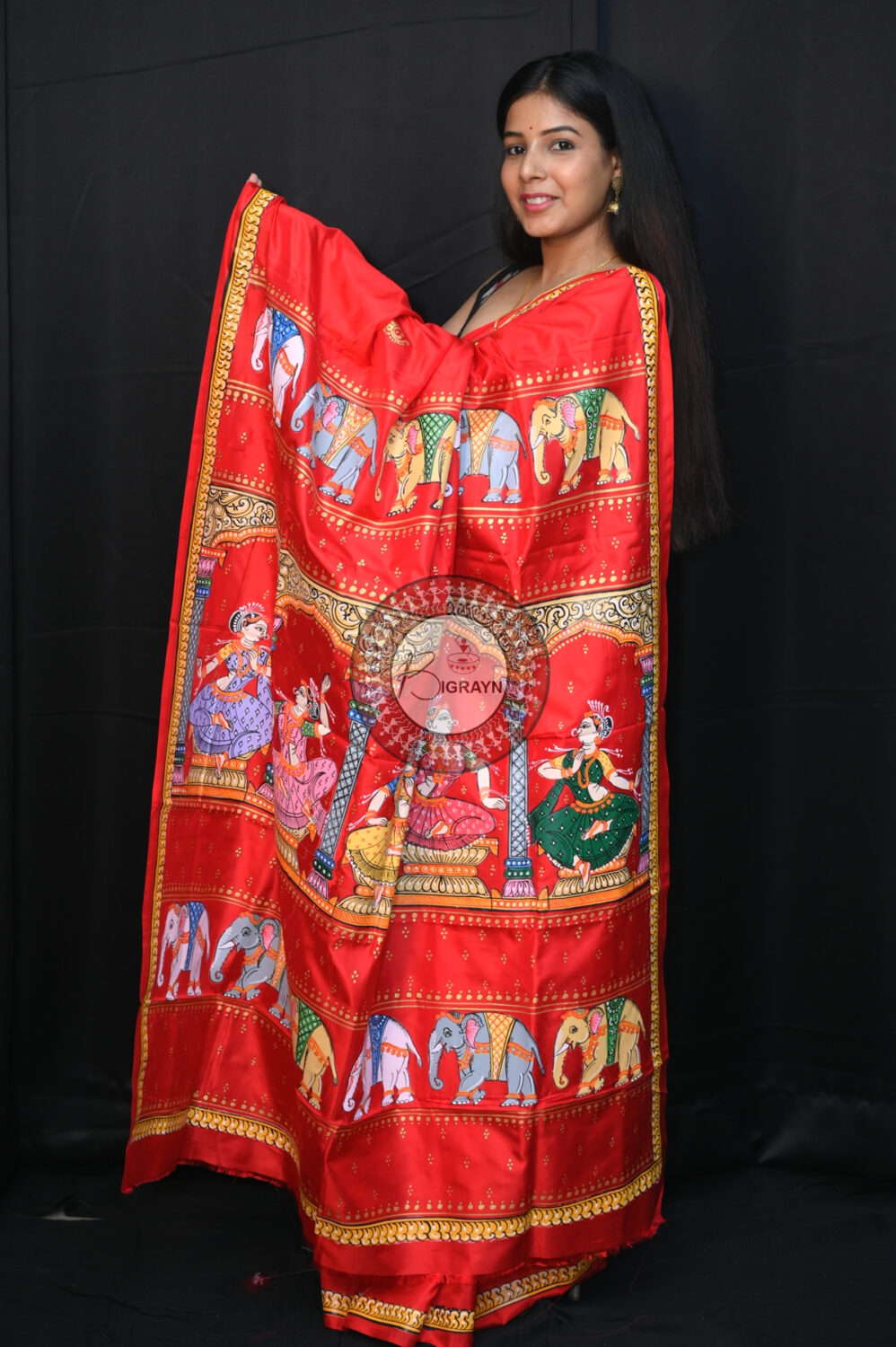 Red Nartaki Anchal Pattachitra Silk Saree