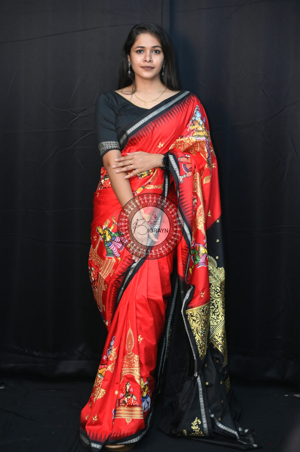 Red Black Marriage Theme Pattachitra Silk Saree