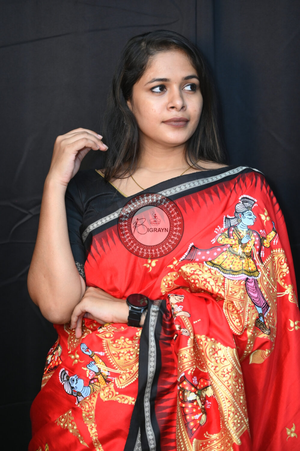 Red Black Marriage Theme Pattachitra Silk Saree