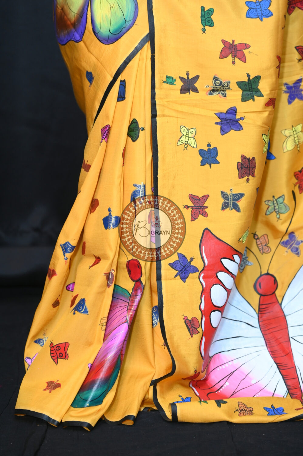 Yellow Butterflies Pattachitra Silk Saree