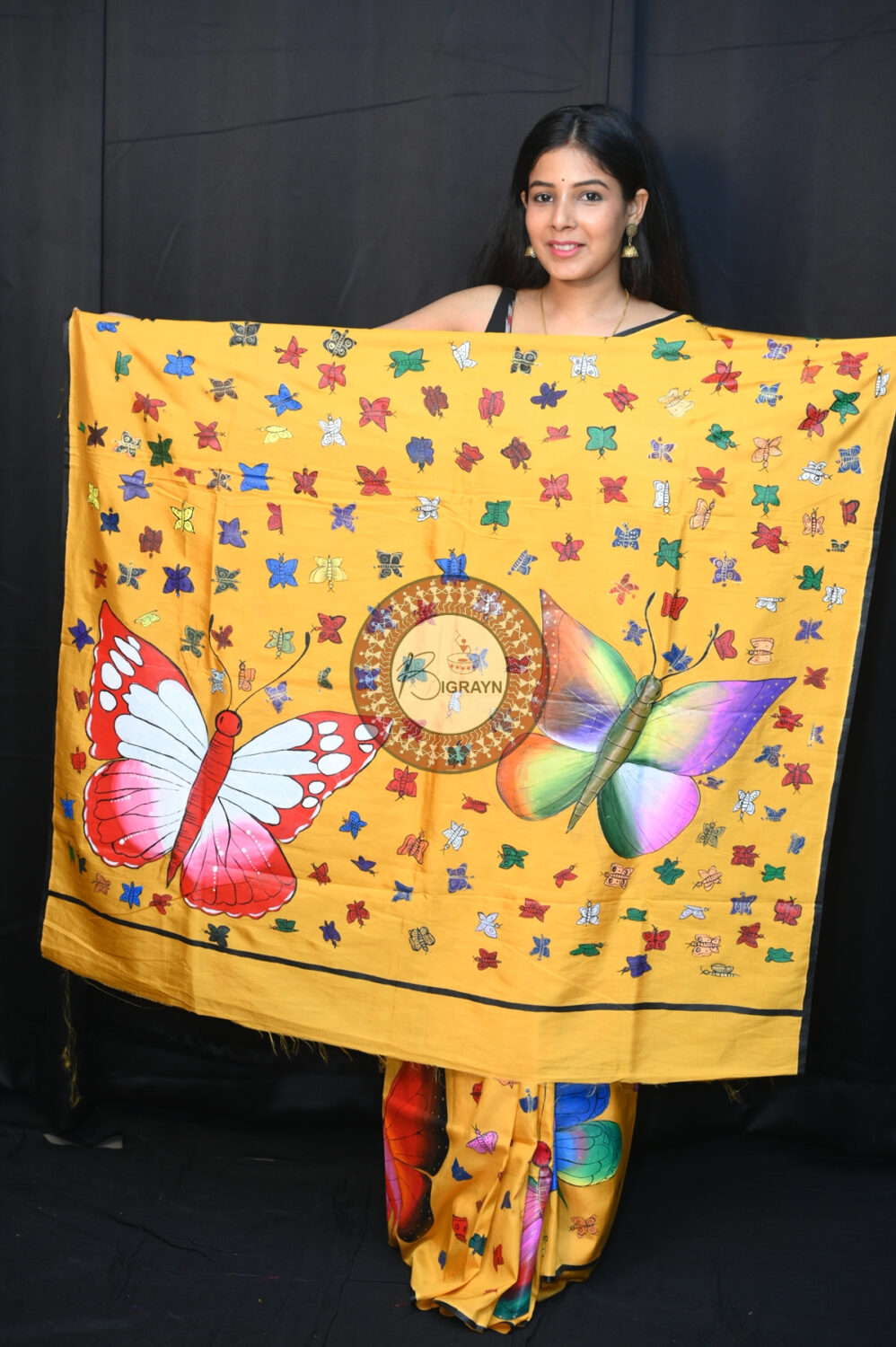 Yellow Butterflies Pattachitra Silk Saree