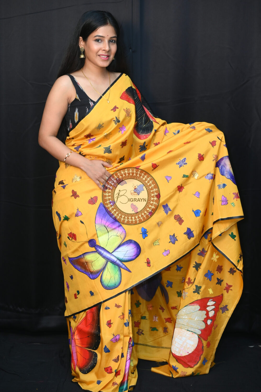 Yellow Butterflies Pattachitra Silk Saree