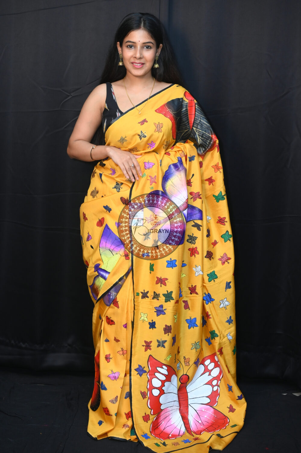 Yellow Butterflies Pattachitra Silk Saree
