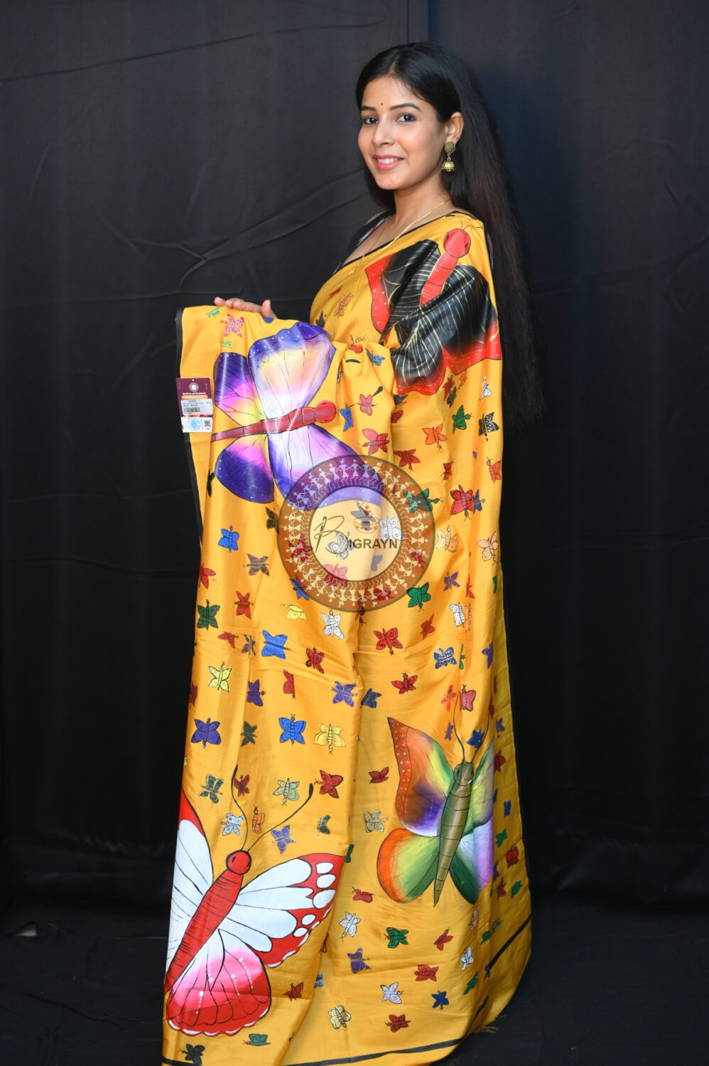 Yellow Butterflies Pattachitra Silk Saree