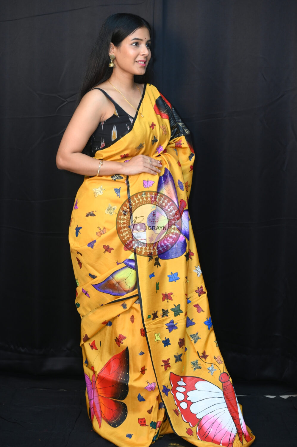Yellow Butterflies Pattachitra Silk Saree