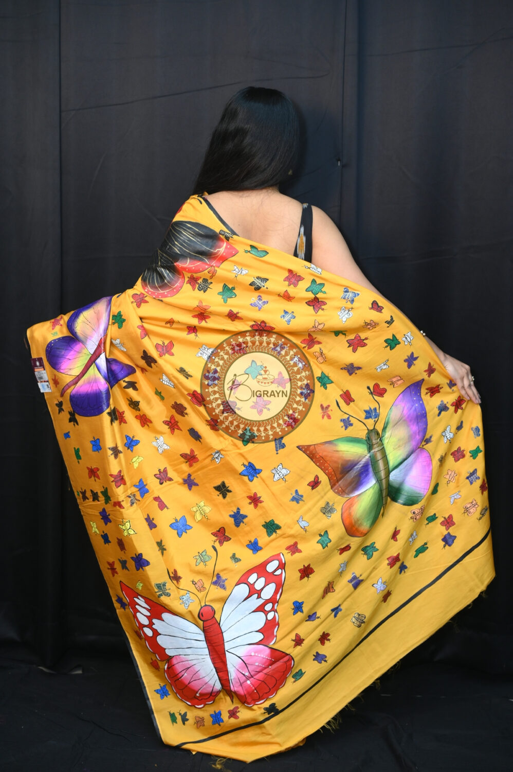 Yellow Butterflies Pattachitra Silk Saree