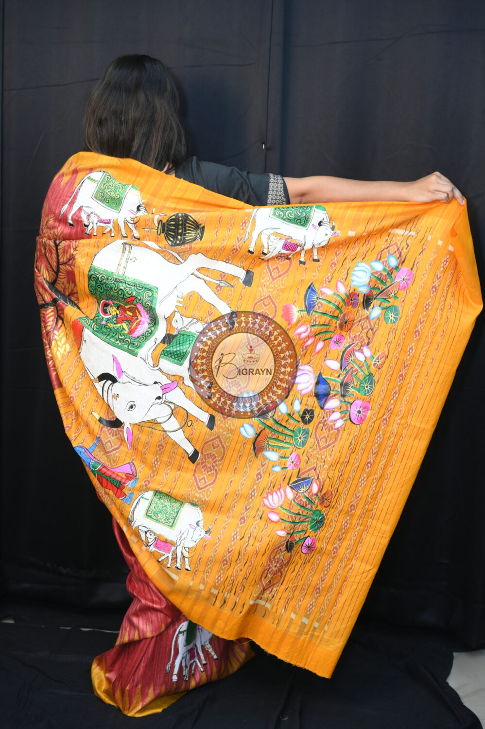 Maroon Yellow Kamadhenu Pattachitra Tussar Silk Saree