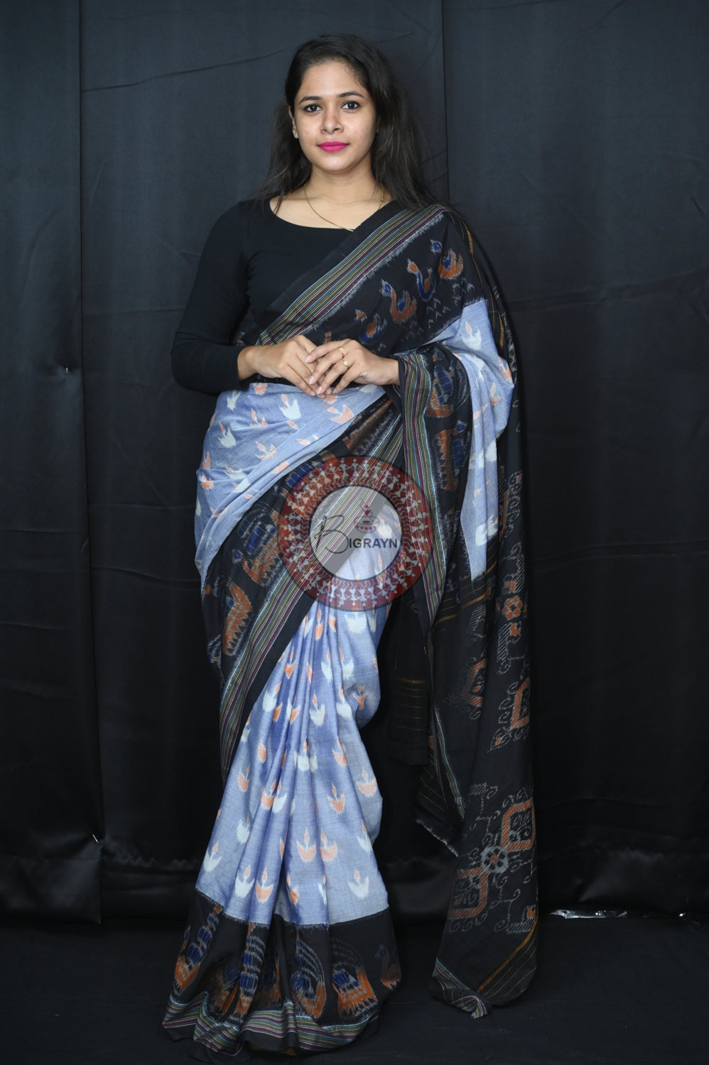 Grey Black Boita Khandua Cotton Saree