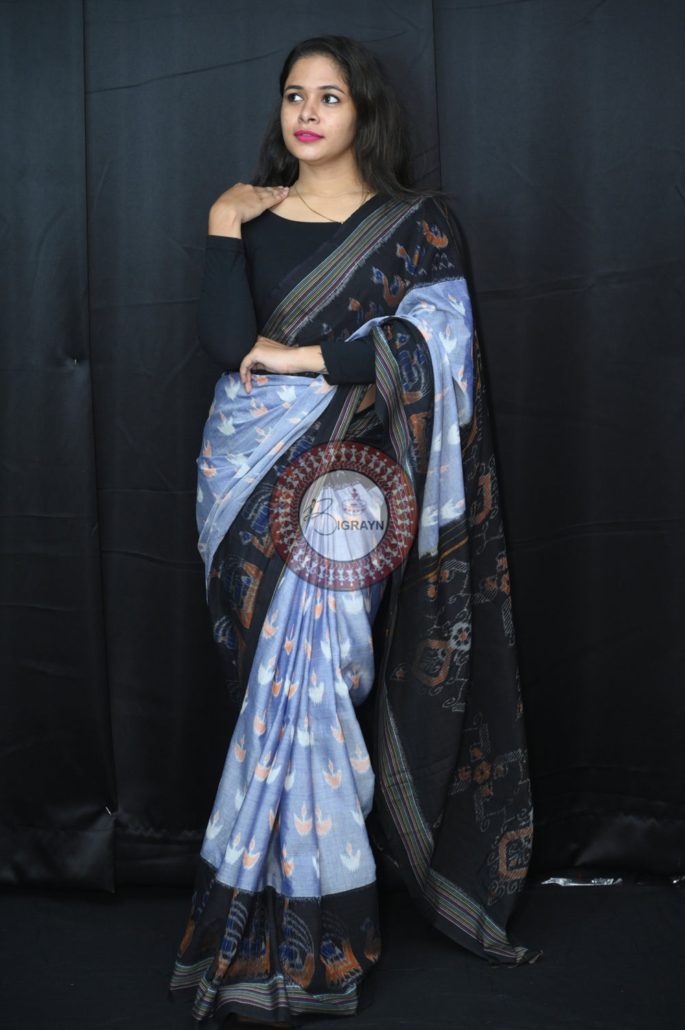 Grey Black Boita Khandua Cotton Saree