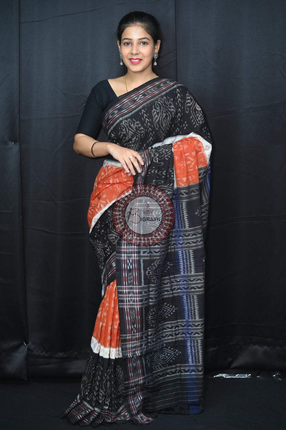 Brown Black 5D Khandua Cotton Saree