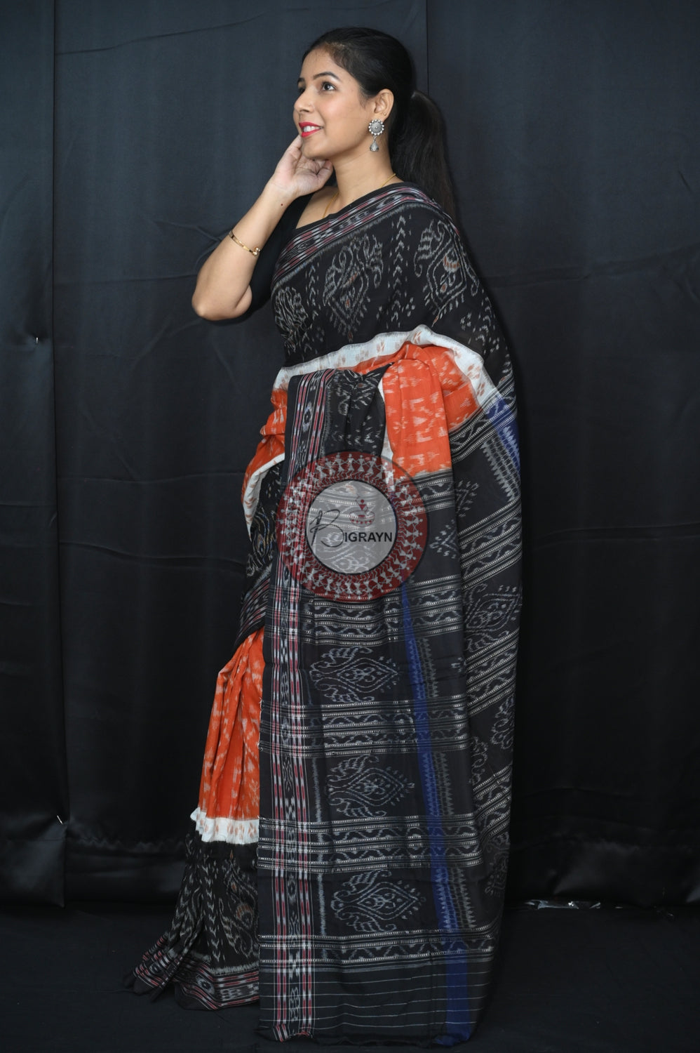 Brown Black 5D Khandua Cotton Saree
