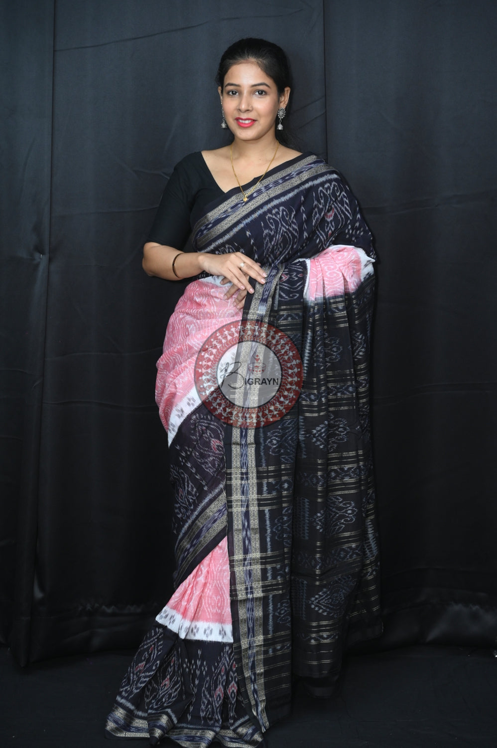 Pink Black 5D Khandua Cotton Saree