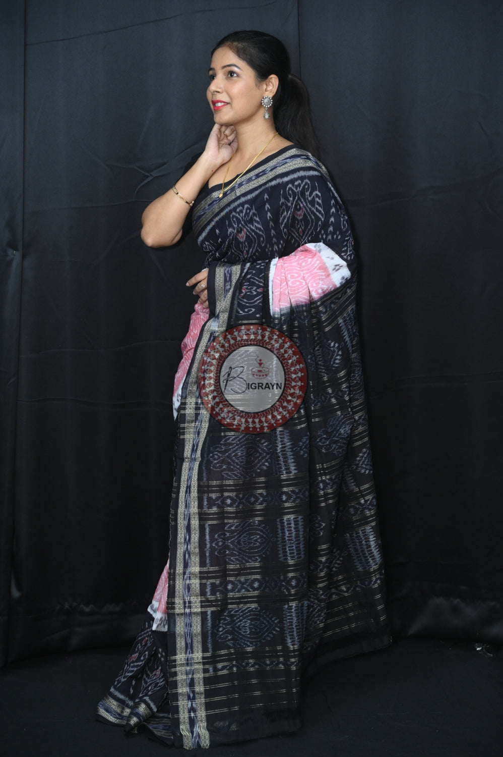 Pink Black 5D Khandua Cotton Saree