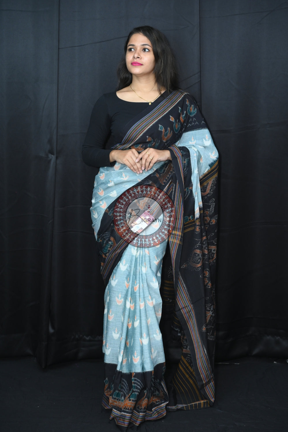 Pista Black Boita Khandua Cotton Saree