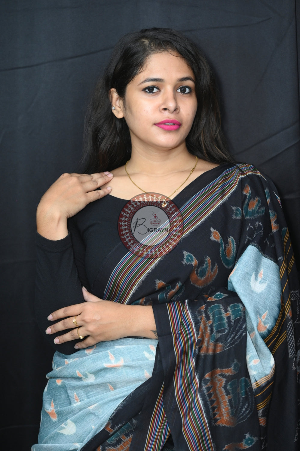 Pista Black Boita Khandua Cotton Saree