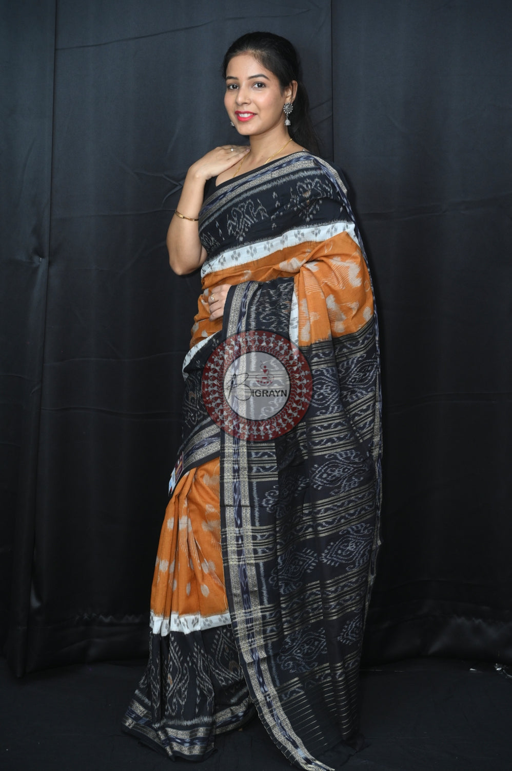Light Brown Black 5D Khandua Cotton Saree