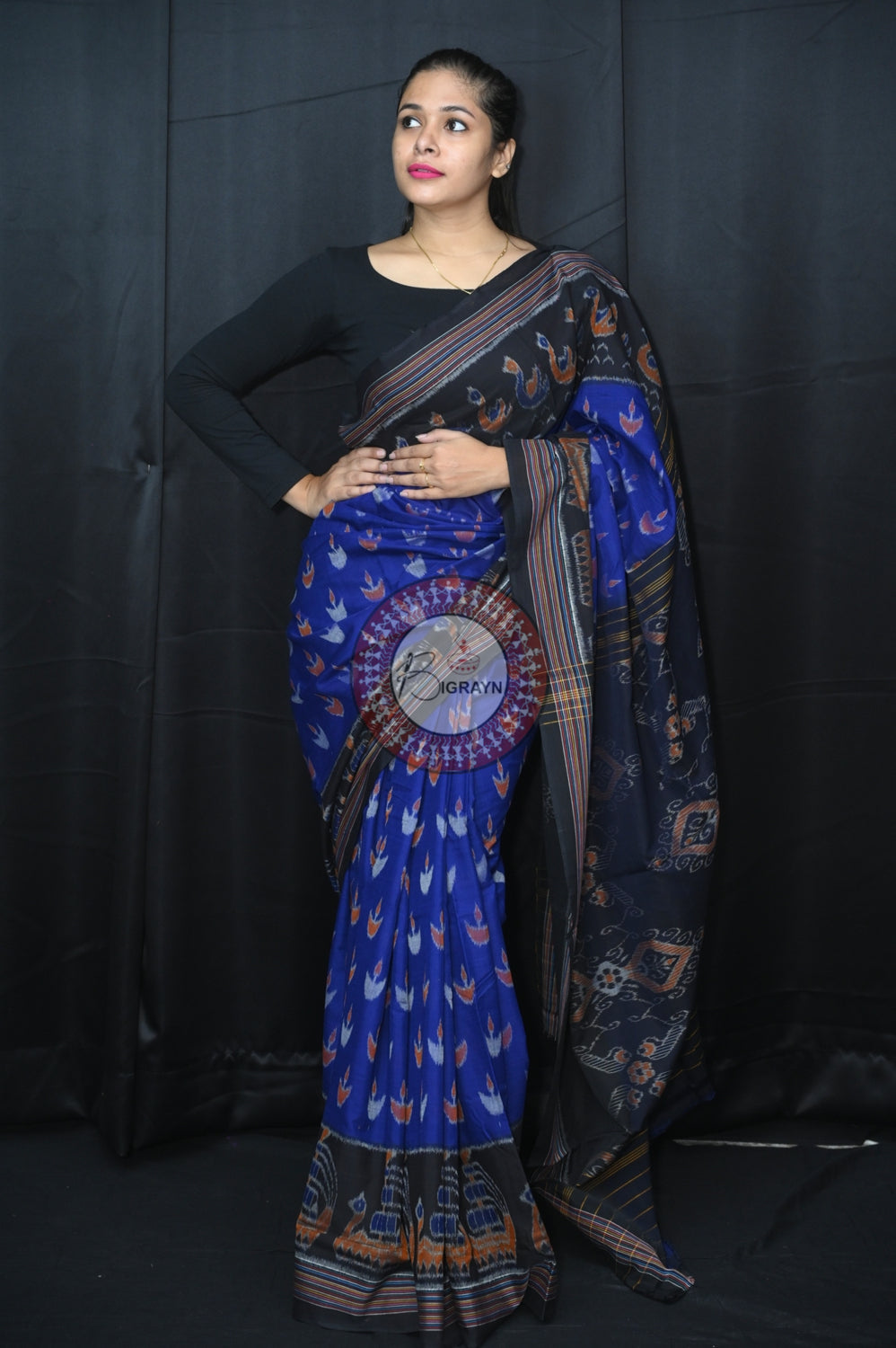 Navy Blue Black Boita Khandua Cotton Saree