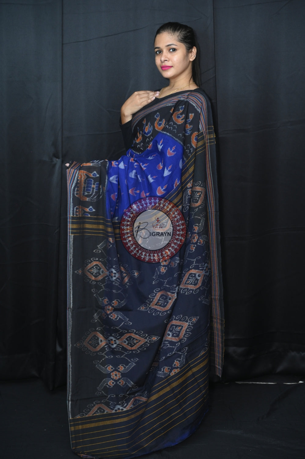 Navy Blue Black Boita Khandua Cotton Saree