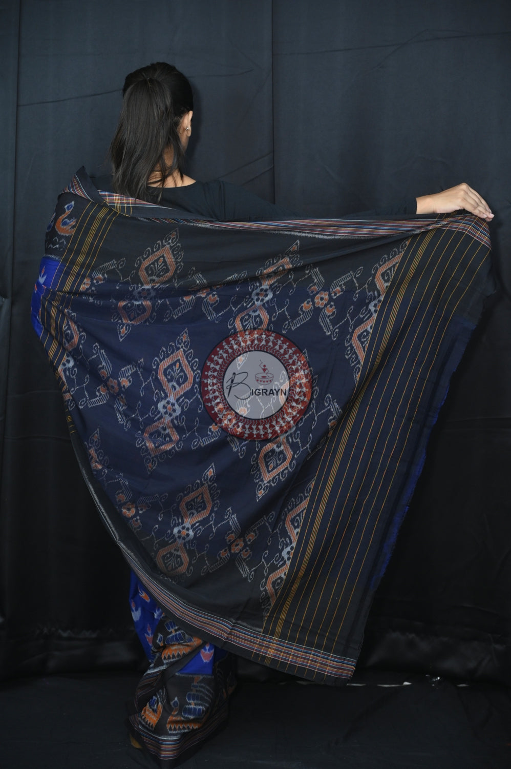 Navy Blue Black Boita Khandua Cotton Saree