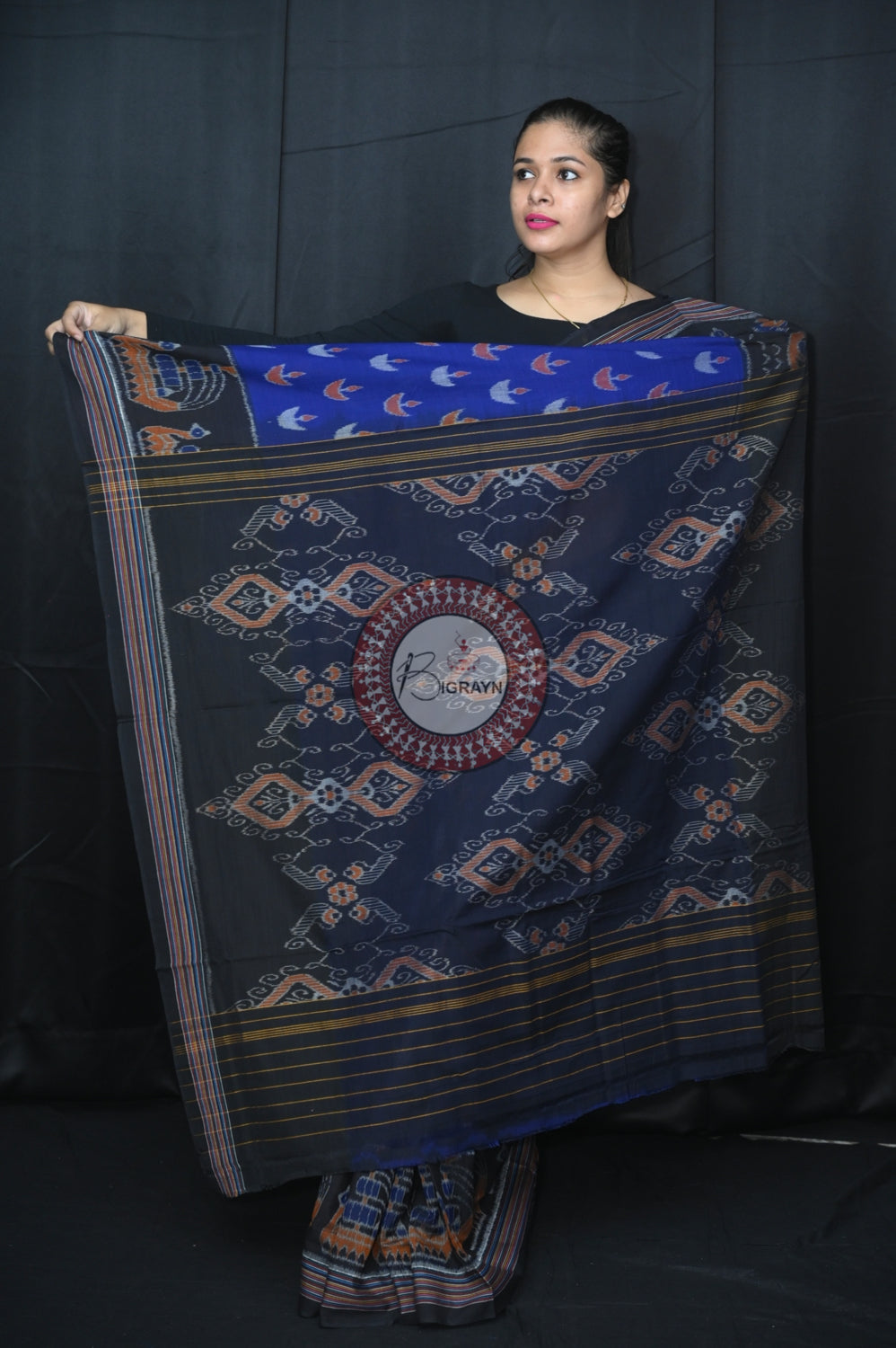 Navy Blue Black Boita Khandua Cotton Saree