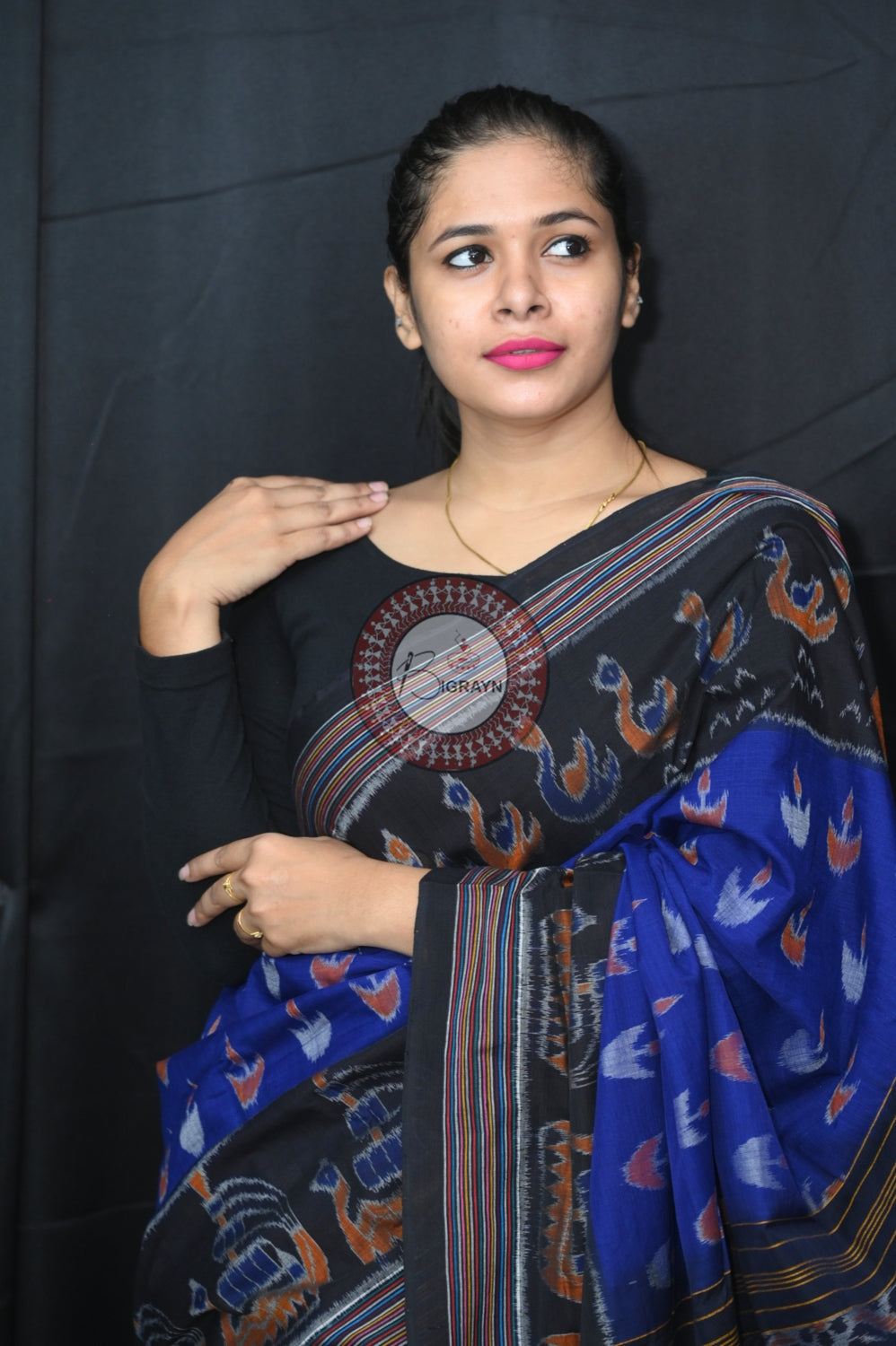 Navy Blue Black Boita Khandua Cotton Saree
