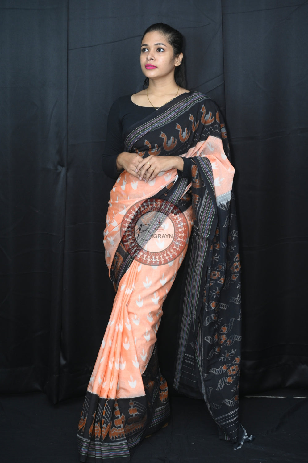 Peach Black Boita Khandua Cotton Saree