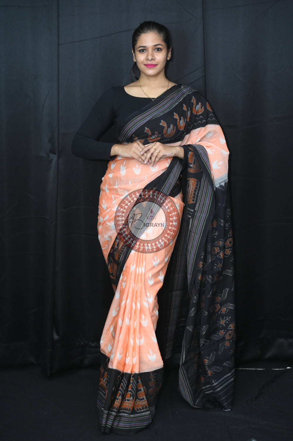 Peach Black Boita Khandua Cotton Saree