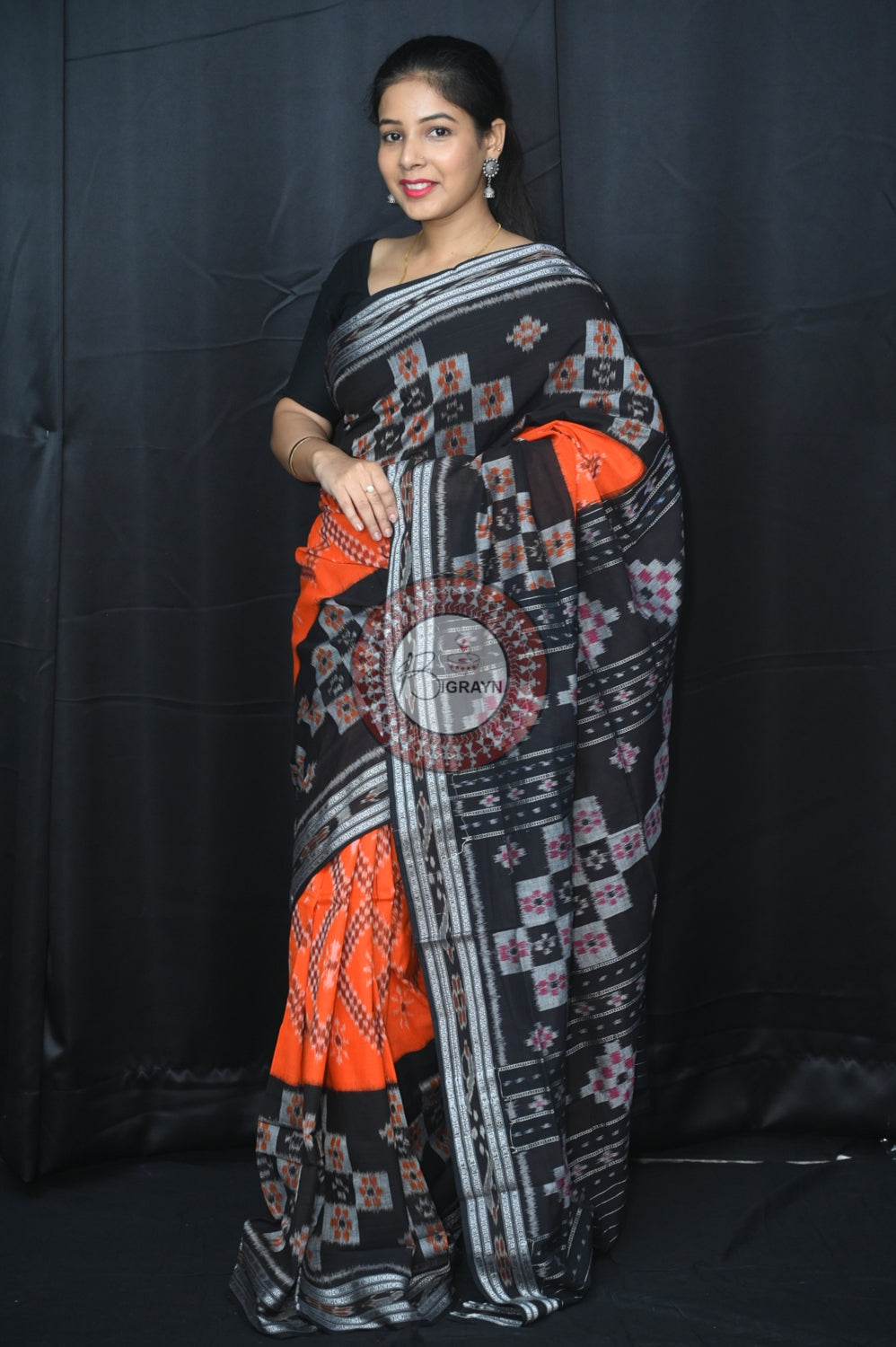 Orange Black Pasapali 5D Khandua Cotton Saree