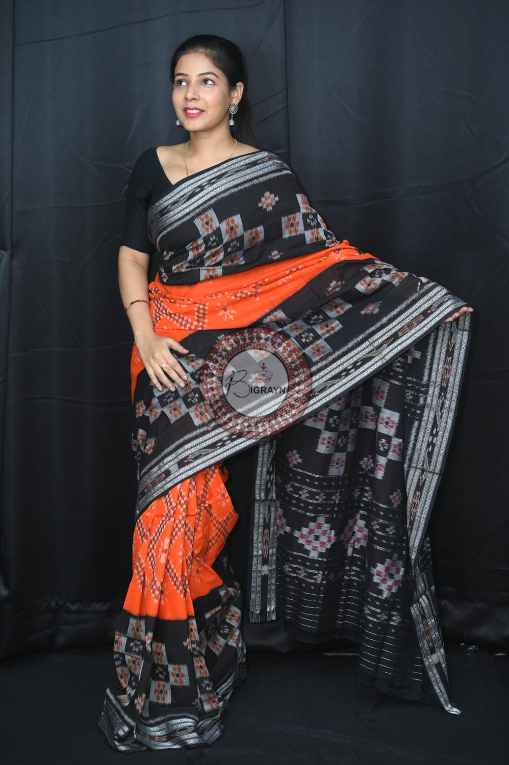 Orange Black Pasapali 5D Khandua Cotton Saree