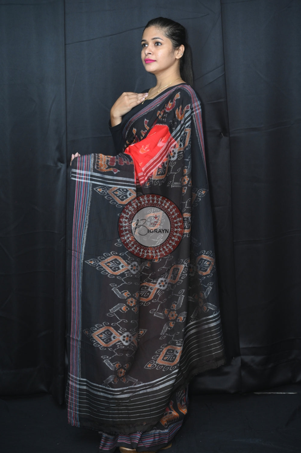 Red Black Boita Khandua Cotton Saree